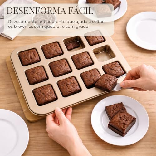 Forma para Brownie 12 Cavidades Quadradas Antiaderente, Assadeira de Aço Carbono para Mini Brownies, Cupcake, Mini Bolos, Doces e Sobremesas no Forno