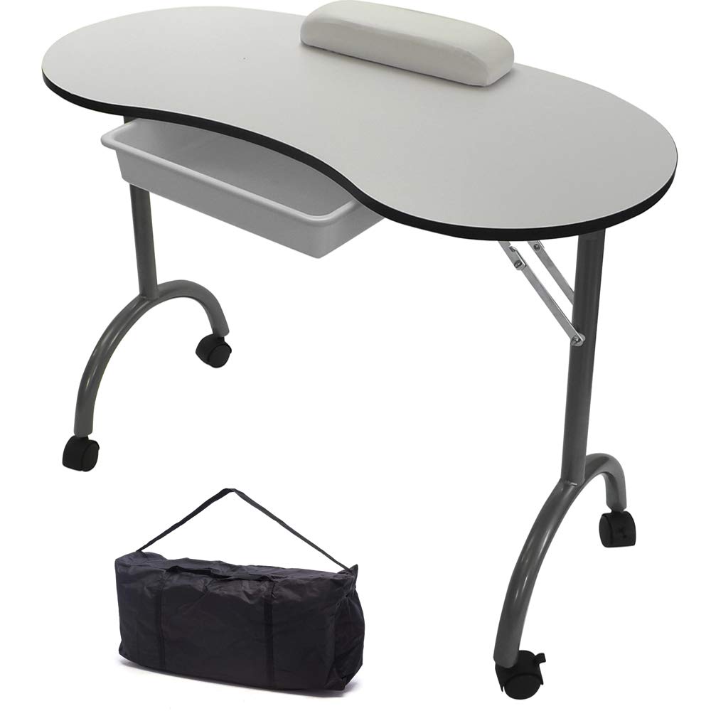 RayGar White Portable Foldable Mobile Manicure Nail Art Beauty Salon Table Desk With Pull Out Drawer + Wrist Rest + Carry Bag