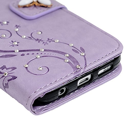 Galaxy S7 Case, Mavis's Diary 3D Handmade Embossed Wallet Bling Diamonds Butterfly Flowers PU Leather Magnetic Flip Folio Protective Shockproof Cover Card Holders - Purple