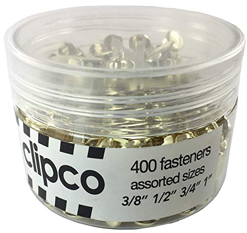 Clipco Paper Fasteners Jar Assorted Sizes Mini Small Medium and Large Brass-Plated and Washers (400-Pack)