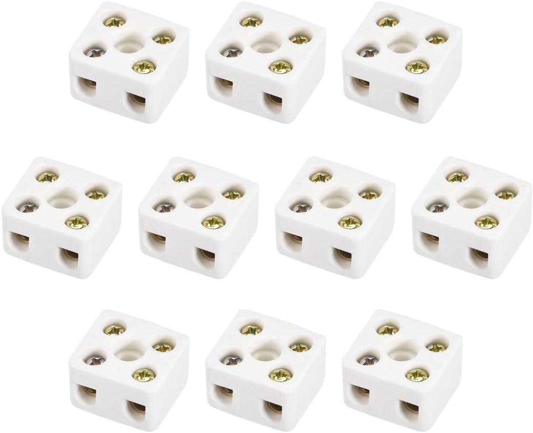 MACHSWON 2 Way Ceramics Terminal Blocks for Electrical Wire Cable, High Temp Porcelain Ceramic Connectors 10A, 2 Position 5 Hole Ceramic Wiring Terminal Blocks 21.3 x 19 x 14 mm 10pcs