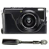 First2savvv XJPT-X70-D01 Black Leather Half Camera Case Bag Cover base for FUJIFILM Fuji X70 + black camera strap
