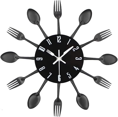 Timelike 3D Removable Wall Clock Mirror Kitchen Decor Cutlery Style 32cm