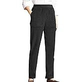LOVESHOOT Corduroy Pants for Women Elastic High Waist Pull On Straight Leg Slacks Casual Fall Trousers with Pockets