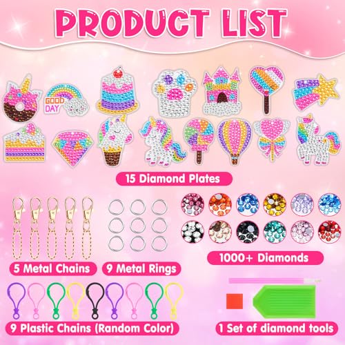 HGRGHH DIY Diamonds for Girls 6-12 Years, 15PCS Keychains Diamond Painting, 5D Diamond Painting Keychain, Diamond Craft Set, Birthday Gift for Girls 6-12 Years Old