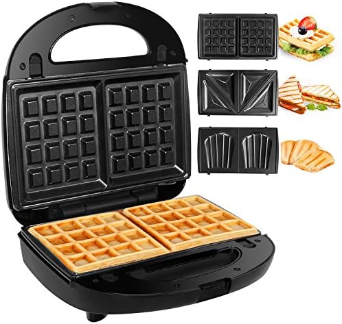 Gotoll Appareil à Croques Monsieur Gaufrier 3 en 1 Machine à Sandwich Maker Gauffre Presse Toaster Pain Plaques Remplaçables 750W - Noir
