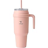 REDUCE 50 oz Stainless Steel Tumbler with Handle - Dual-Wall Vacuum Insulated Travel Mug, Sweat-Proof Lid & Reusable Straw - Keeps Drinks Cold for 24 Hrs, Fits Cupholders, Dishwasher Safe - Pink Clay