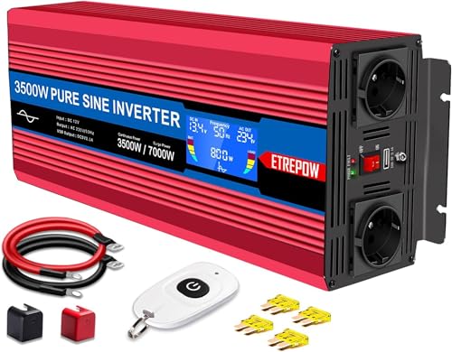 ETREPOW 3500W Inverter 12 V 220 V Pure Sine Wave Voltage Converter with 2 EU Sockets and a 2.1 A USB, Wireless Remote Control, LCD Display and 2 Fans, Peak 7000 W