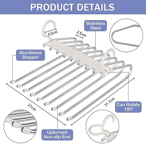 WEKIWGOT 9 in 1 Trouser Hangers, Wardrobe Organizer (White, 2 Pieces) | For trousers, jeans, bras, scarves, ties, men and women, durable steel, easy assembly, space-saving