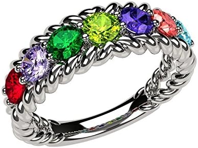 Central Diamond CenterRope Mothers Birthstone Ring with 1 to 10 Simulated Birthstones, Sterling Silver or 10K Gold