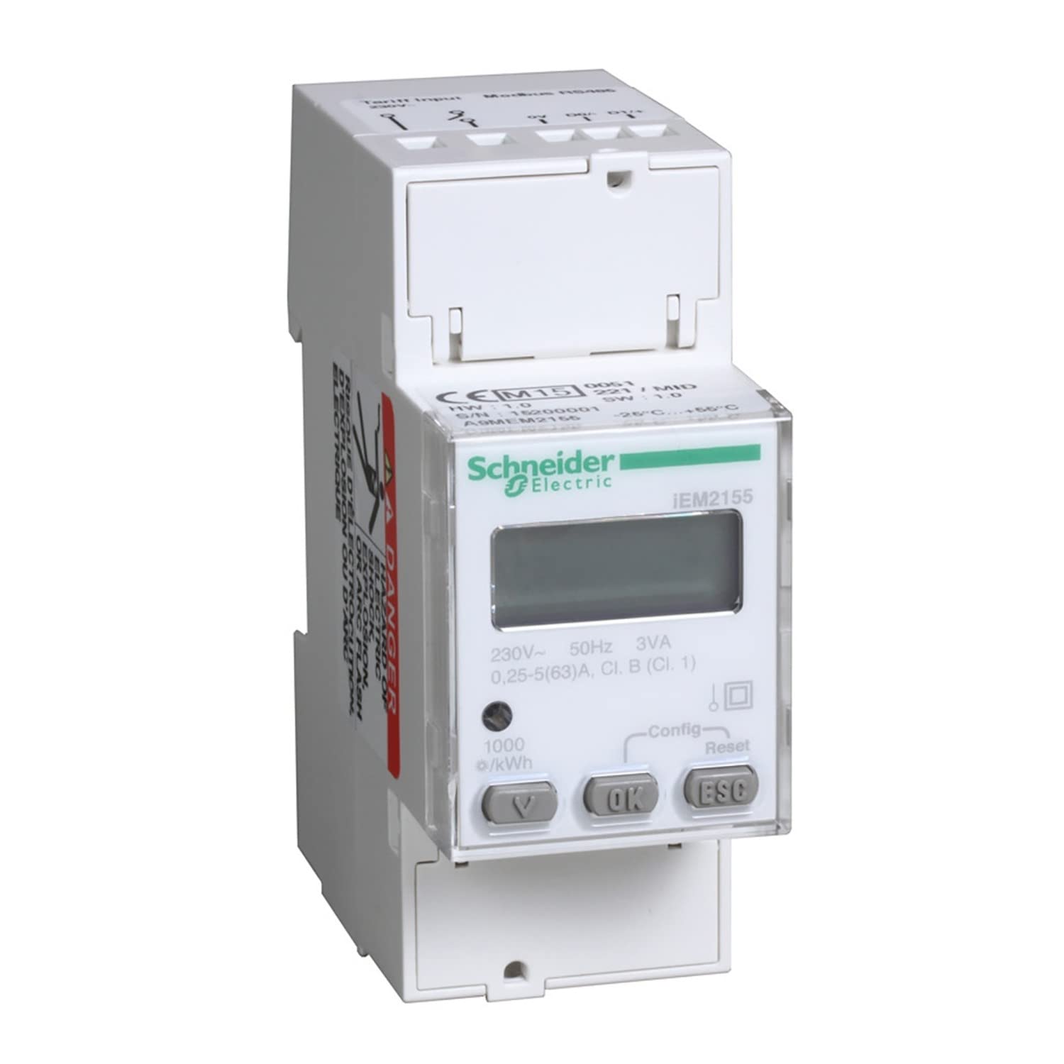 Schneider Electric Acti 9, A9MEM2155, Modular Single Phase Power Meter, 63A , 230V , With Communication Modbus, iEM2155 , MID