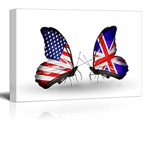 Canvas Prints Wall Art - Butterflies with Flags on Wings as Symbol of Relations USA and UK - 12" x 18"
