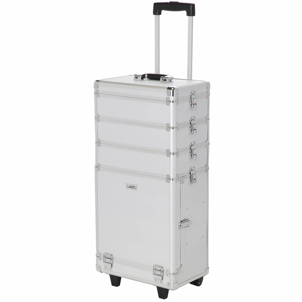 LaRoc Large Professional Cosmetic Makeup Trolley Vanity Case Storage Hairdressing Box - Silver