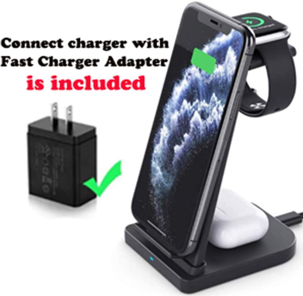 3 in 1 Wireless Charging Station, Phone Wireless Charger Stand Watch Charger Stand Compatible with iPhone 12 11 Pro Pro Max X XR XS 8 Samsung Galaxy S20+ S10 S9 iWatch 6/5/4/3/2 Airpods 2/Pro (Black)