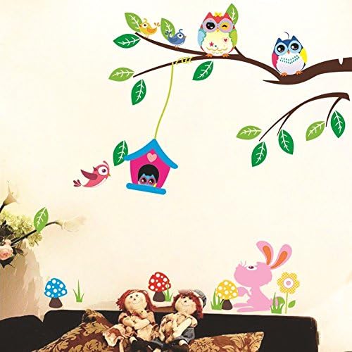Removable Cartoon Animals Owls Bird on Tree and Rabbit Art Mural Vinyl Waterproof Wall Stickers Kids Room Decor Nursery Decal Sticker Wallpaper