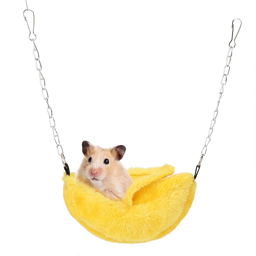 Zerodis Lovely Banana Type Hamster Hanging Swing Bed Warm House Cage Nests Small Animals Accessories Comfortable Plush Winter Warming Nest with 2 Chains for Cute Pets Rat Mice Gerbil (Yellow)