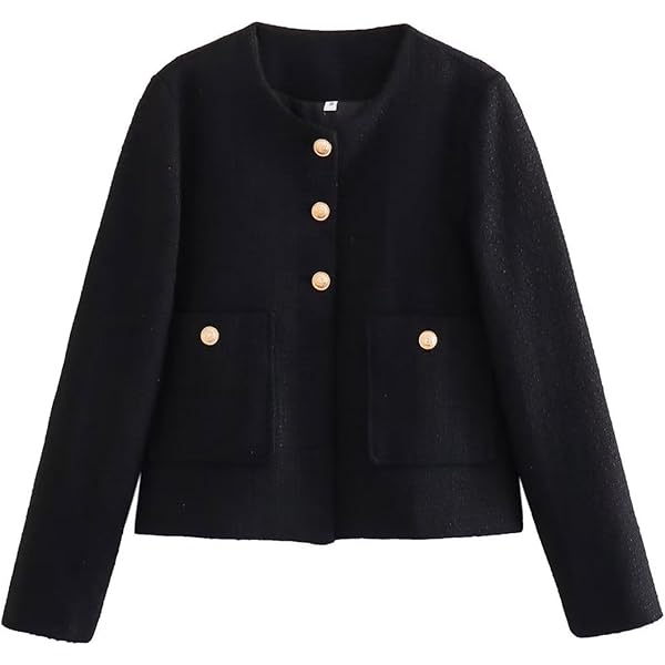 ジャケット・アウター Tweed Dot Button Collarless Jacket myzgx Women's Fall Casual Button Down Tweed Blazer Jacket