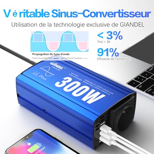 300W Pure Sine Converter 12V 220V 230V Pure Sine Wave Inverter Car Adapter with PD30W Type-C & QC 3.0 Type-A USB for Tablets Smartphones GIANDEL