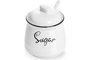 HAOTOP Farmhouse Porcelain Sugar Bowl with Lid and Spoon 12oz ,Easy to Clean (White)
