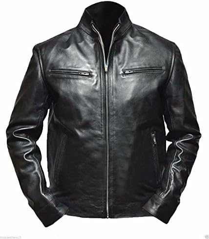 Fab Leather Men's Genuine Lambskin Bomber Biker Leather Jacket Large Black