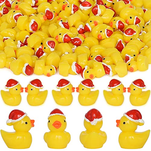 Yuronam 70 Pcs Tiny Christmas Ducks Mini Resin Ducks Miniature Ornaments for Slime, Dollhouse, Garden Decoration(Christmas Hat Yellow Duck)
