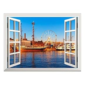 Removable Wall Sticker/Wall Mural - Majestic River View with a Ferris Wheel and Ships | Creative Window View Wall Decor - 24"x32"