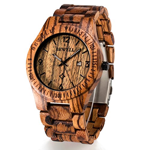 Bewell Wooden Watch Mens Date Display Quartz Analog Luminous Hands W086B (Zebra Wood)