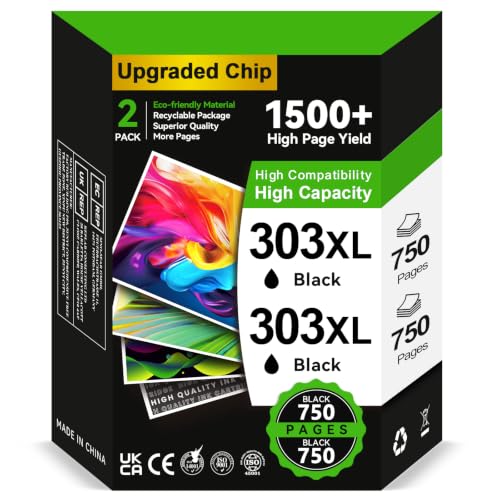 303 XL Black Ink Cartridges – 2 x 750 Pages, 303 Black Cartridge Replacement for HP 303 Original Black, 303XL for Envy Photo 7134 7830 6232 6230 7130 6220 6234 7100 7155 7800 7833 4 785 5 7864