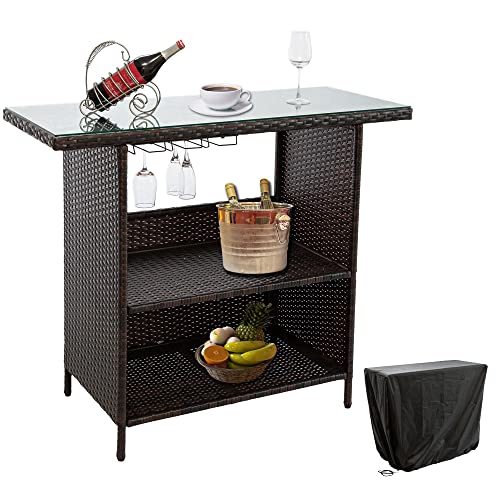 Outdoor PE Wicker Bar Counter Table, Rattan Bar Table with Double