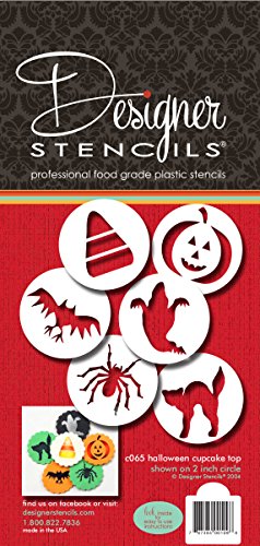 Designer Stencils C065 Halloween Cupcake and Cookie Stencil Set with Cat, Candy Corn, Spider, Ghost, Bat and Pumpkin, Beige/semi-transparent