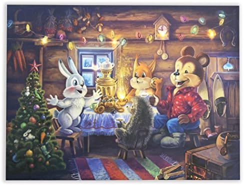 Hong Art Kids Framed Wall Art Cartoon Rabit &amp; Cat Picture With LED lights Canvas Prints- Battery Operated for Bedroom Decoration -12x16 Inch CS1839