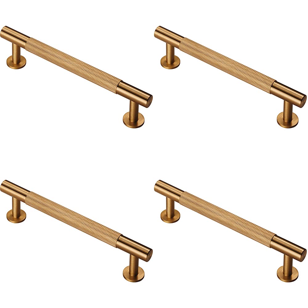 4 Pack | Knurled Bar Door Pull Handle - 158 x 13mm - 128mm Fixing Centres - Satin Brass | Designer Cabinet Pull Handle - Wardrobe Cupboard Door Handle - Suitable for Lightweight Internal Doors