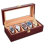 Homfa Wooden Watch Box, 5 Slots Watch Display Case with Glass Top and Locking Clasp, Multi-Functional Storage Organizer for Display, Decorations, and Watches Lovers, Cherry