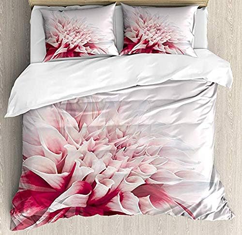 BMALL Dahlia Duvet Cover Set King Size, Close Up Dahlia Blossom with Red and White Petals One Single Large Flower,Soft Stylish Home Decor Duvet Cover Set, Ruby Ivory White