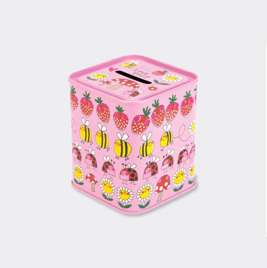 MONEY BOX TIN - LOVE BUGS LADYBIRDS ON PINK - MONBOX38