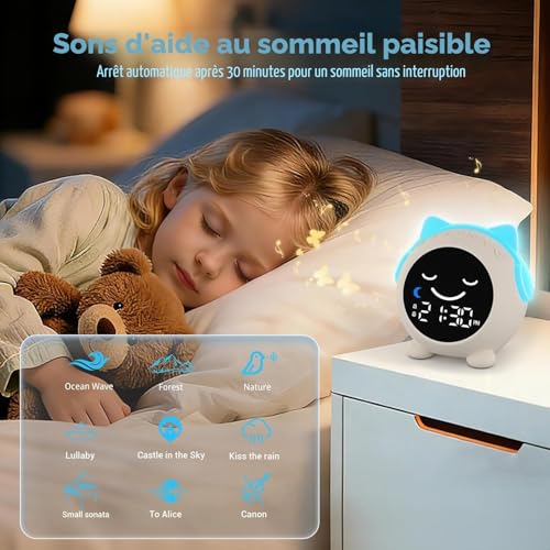 MRSCOZ Children's Cat Alarm Clock | Day/Night | Night Light + Soothing Sounds | 2 Alarms & Weekend Mode | Rechargeable | Sleep Aid & Time Learning for Girls / Boys