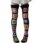 FEORJGP Womens Granny Square Over Knee High Socks Crochet Knitted Stockings Tube Long Leg Warmers Cable Thigh High Boot Socks
