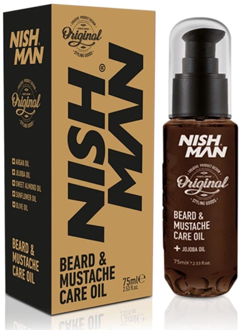 Nishman Beard & Mustache Care Beard Oil for Men, 75 ml - All Natural Argan, Jojoba, Sweet Almond, Olive Oils - Softens, Smooths & Strengthens Growth Easy Comb