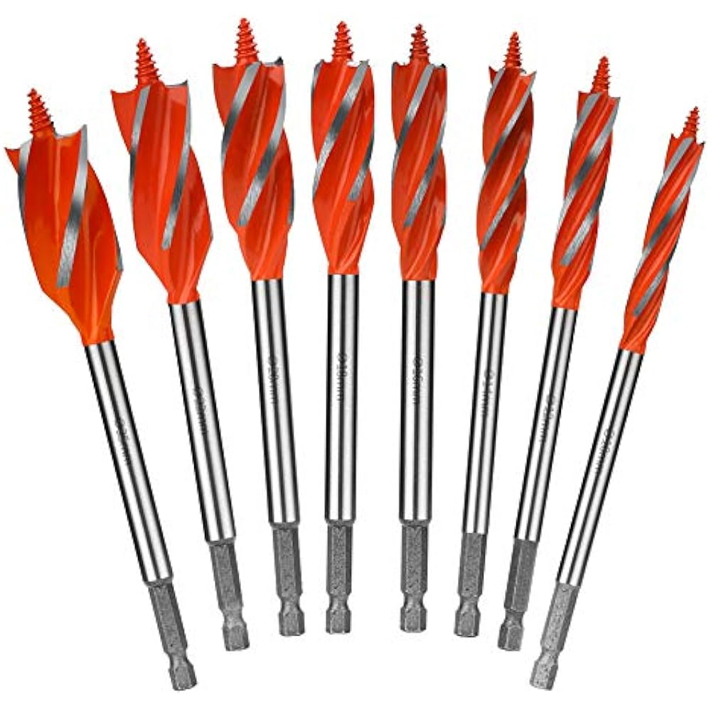 Auger Drill Bit Sets, 8Pcs Woodworking High Speed Boring Bits 4 Flute
