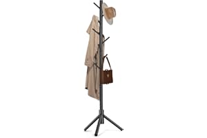 Freyawin Solid Wooden Coat Rack Freestanding, New Zealand Pine Coat Tree with 8 Hooks & 3 Adjustable Sizes for Coats, Hats, Handbags and Scarves, Space Saving for Entryway/Office/Bedroom (Black)