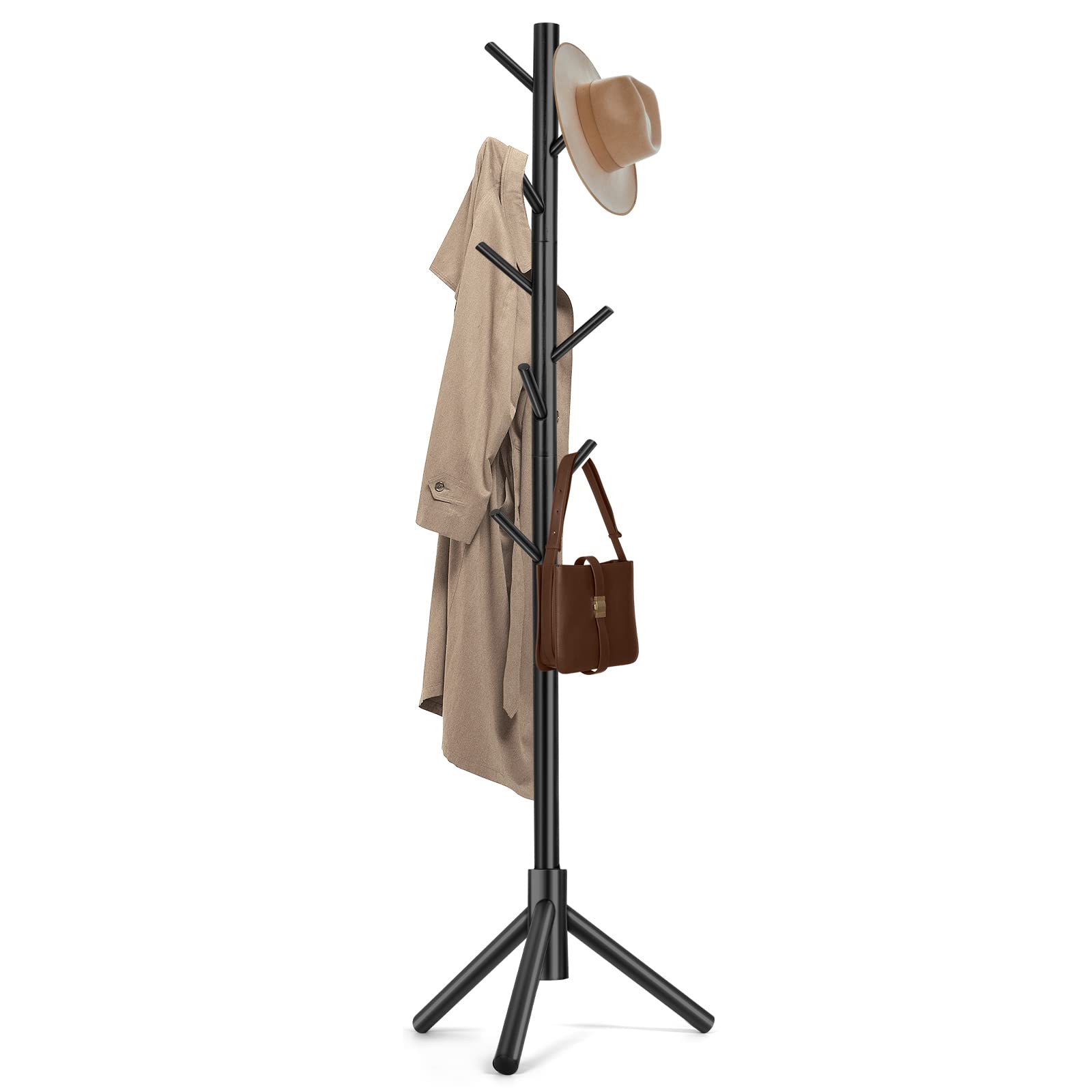 Photo 1 of Freyawin Solid Wooden Coat Rack Freestanding, New Zealand Pine Coat Tree with 8 Hooks & 3 Adjustable Sizes for Coats, Hats, Handbags and Scarves, Space Saving for Entryway/Office/Bedroom (Black)