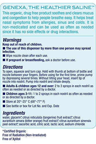 Genexa Saline Care - 0.5 FL OZ (15 mL) | Certified Organic & Non-GMO Nasal Saline Spray | Free of Parabens & Chemicals