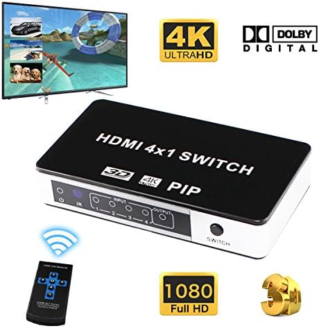 4 Port HDMI Switch, 4K x 2K HDMI Switcher with PIP Mode and IR Remote, Support 1080P 3D for Home Theater / Multimedia Presentation / HDTV / DVD / PS3 / PS4 / STB / Bluray Player etc