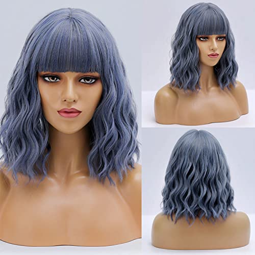 Netgo Blue Wigs, Short Wavy Wig with Bangs, Natural Wavy Heat