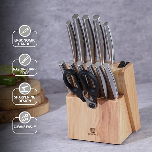 ZUNMARK Kitchen Knife Set, Professional 13 Piece Knife Set with Block and Sharpener, Sharp Chef Knife Set, Ideal for Home and Restaurants, Silver