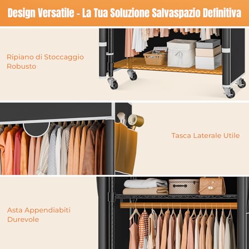 Himimi Coat Rack with Cover, Clothes Rack on Wheels, Heavy Load, Stable with Height Adjustable Shelf, Metal Open Wardrobe for Bedroom, 90 x 45 x 205 cm