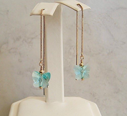 Blue Butterfly Crystal Gold Fill Threader Earrings Simulated Turquoise December Birthday Gift Idea