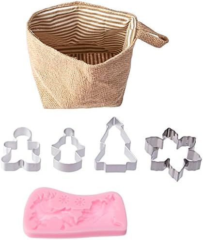 CookieZone Cutters Holiday Shaped Cookie Cutters and Santa Cocolate Mold with a Hand Made Gift Bag! (5, Satinless Steel & Striped bags)