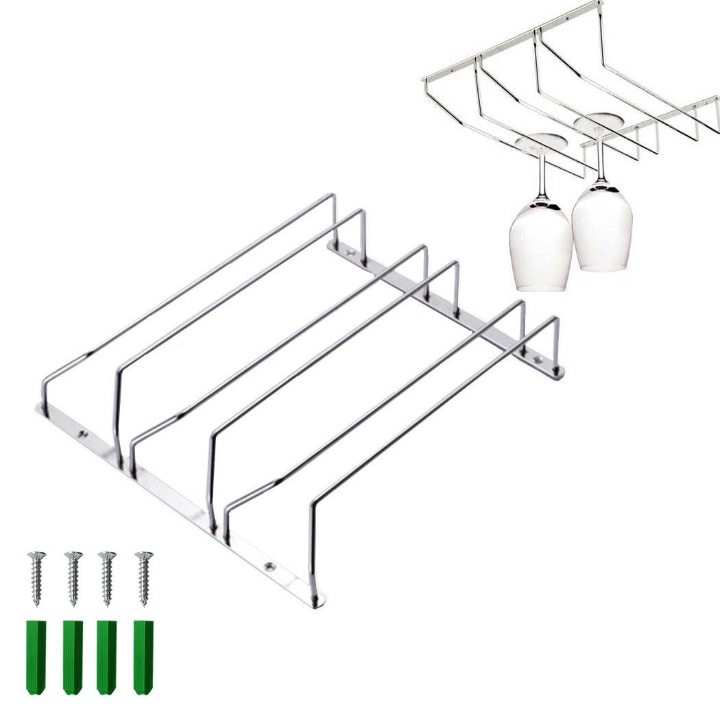 SIPLIV Stemware Wine Glass Hanging Rack Under Cabinet Kitchen Bar Storage Wine Glass Rack Holds up to 12-15 Wine Glass, 13.4 Inch 3 Rows, Silver