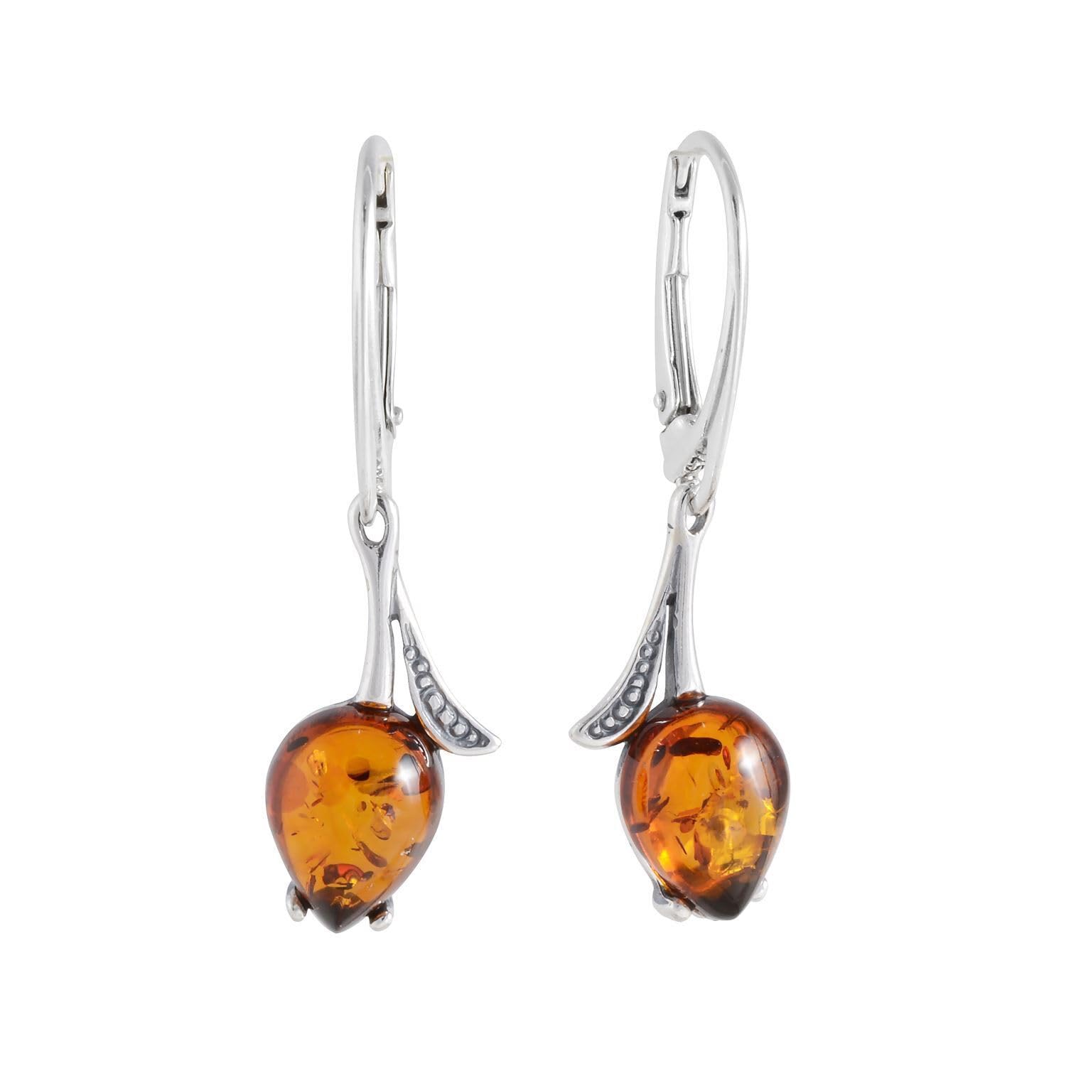 Sterling Silver Baltic Honey Amber Earrings Tulips